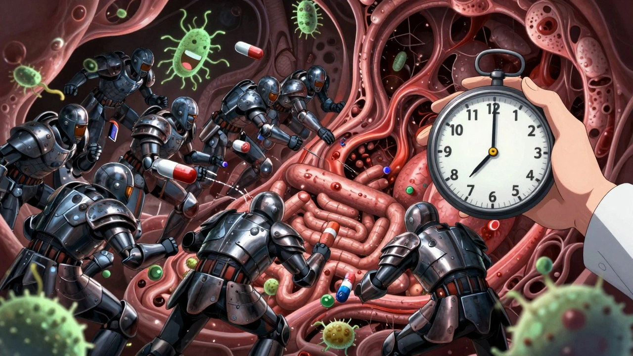 Gut battlefield where antibiotics are crushed by calcium and iron armor, pharmacist holding a timing clock.