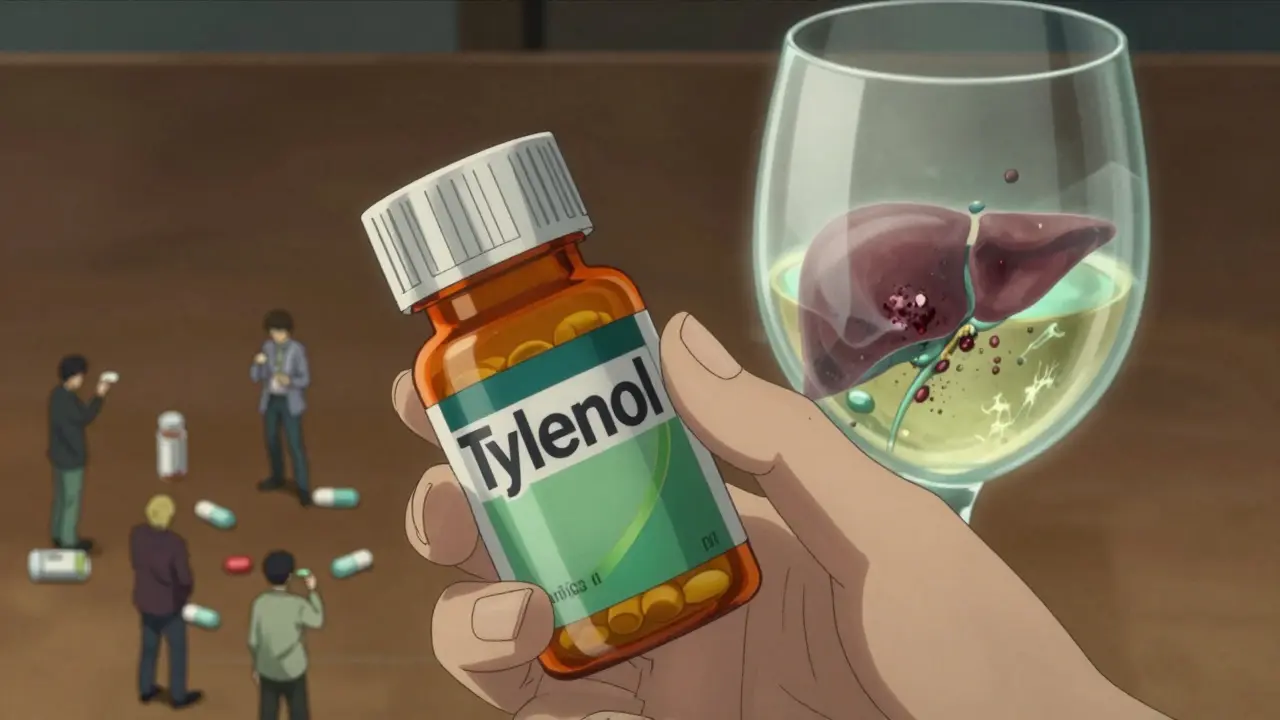 Hand holding Tylenol bottle beside wine, with ghostly liver crumbling as others unknowingly take multiple pills.