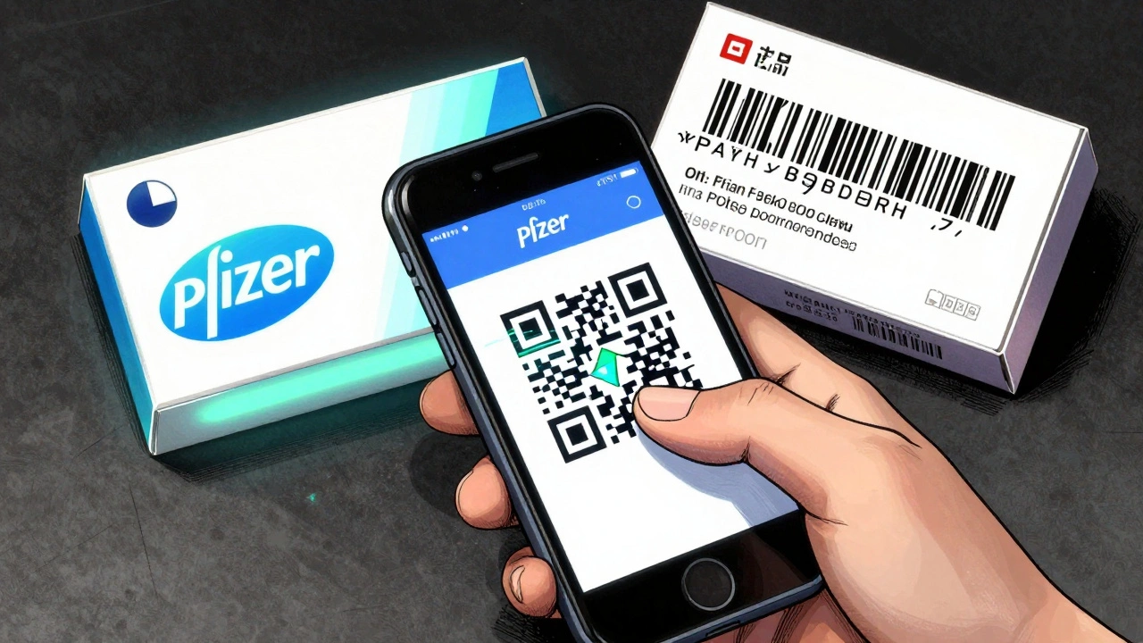 Hand scanning QR code on pill box, UV glow revealing hidden logo on authentic package.