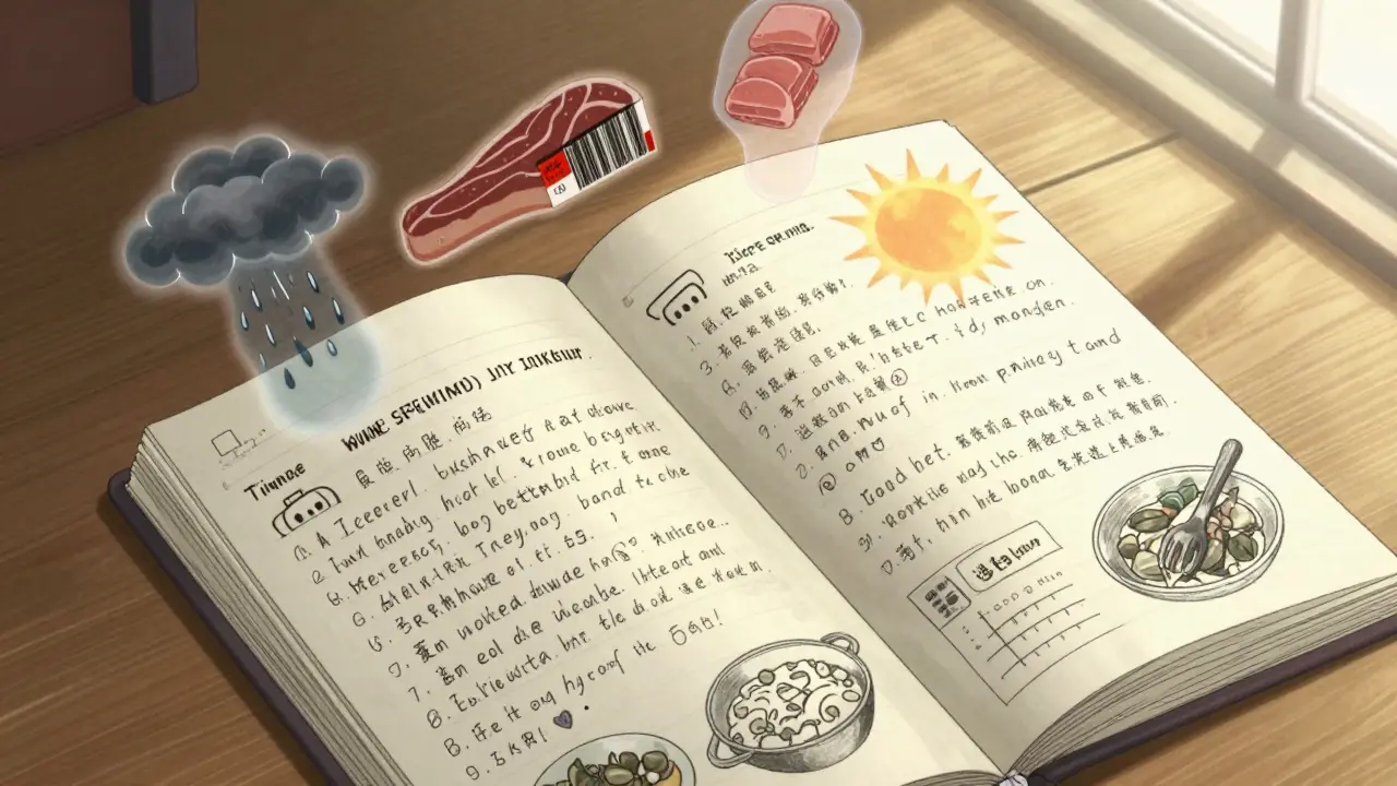 Handwritten migraine diary with ghostly images of triggers hovering above the pages.