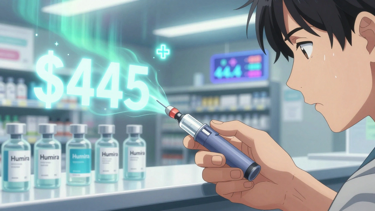 Patient receiving insulin pen at pharmacy, with billions in savings glowing behind them as biosimilars shimmer.