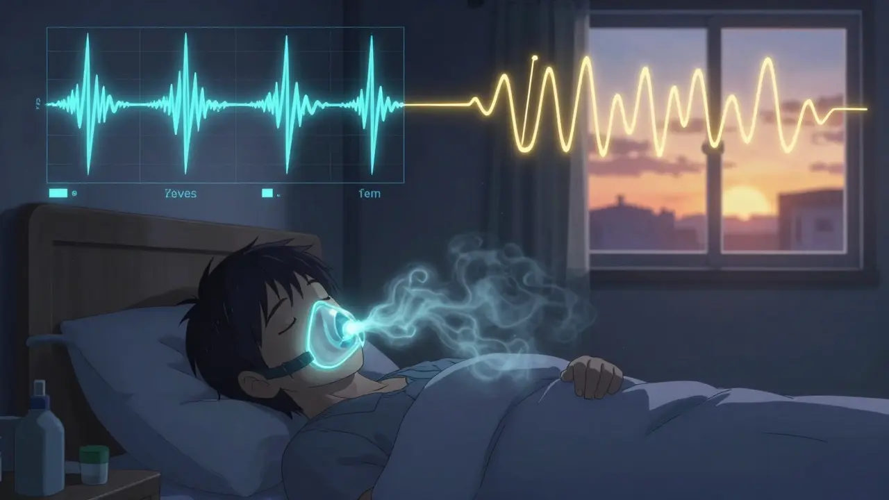 Patient under CPAP mask with dual timelines showing sleep improvement before and after treatment.