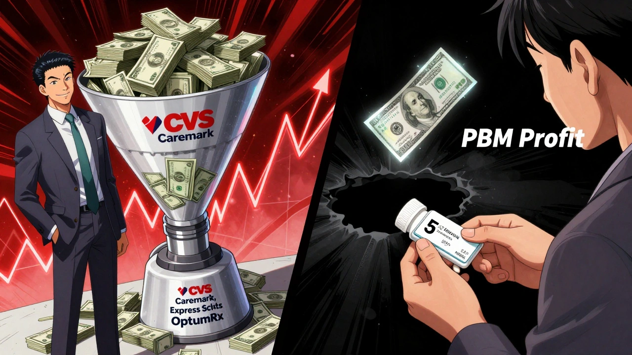 PBM executive profiting from spread pricing while patient pays copay, financial black hole consuming money.