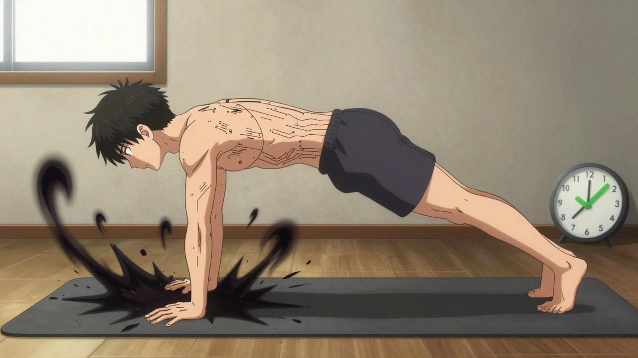 Person doing bird-dog exercise, pain demons dissolving, clock shows 2-hour recovery.