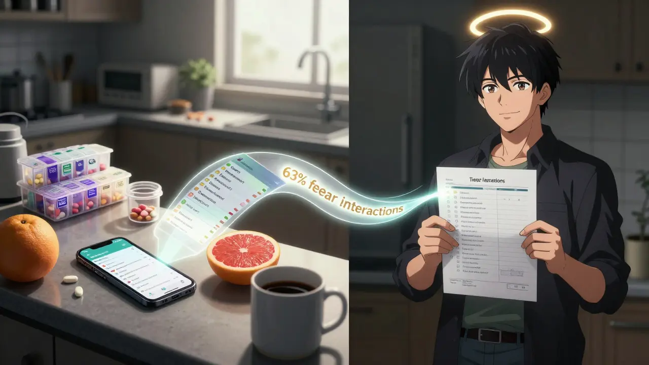 Person surrounded by medication tools and a printed summary, with glowing checklist above.