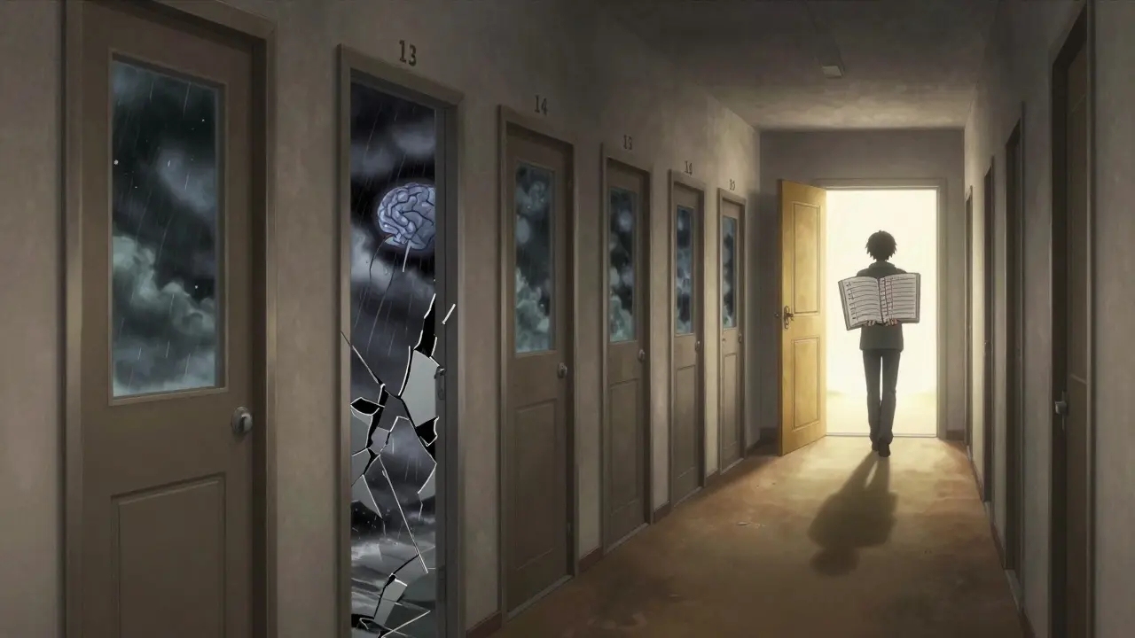 Person walking slowly down hallway of withdrawal days, with chaotic rooms on one side and sunlight ahead.