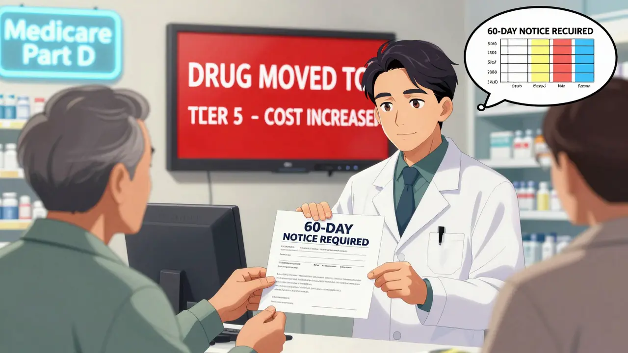 Pharmacist giving transition supply to senior as a tier change warning appears on screen.