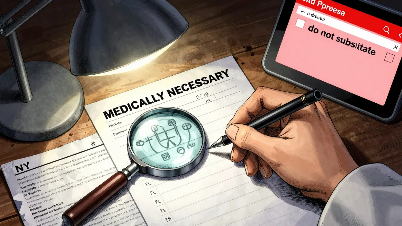 Pharmacist handwriting 'MEDICALLY NECESSARY' on prescription under bright lamp