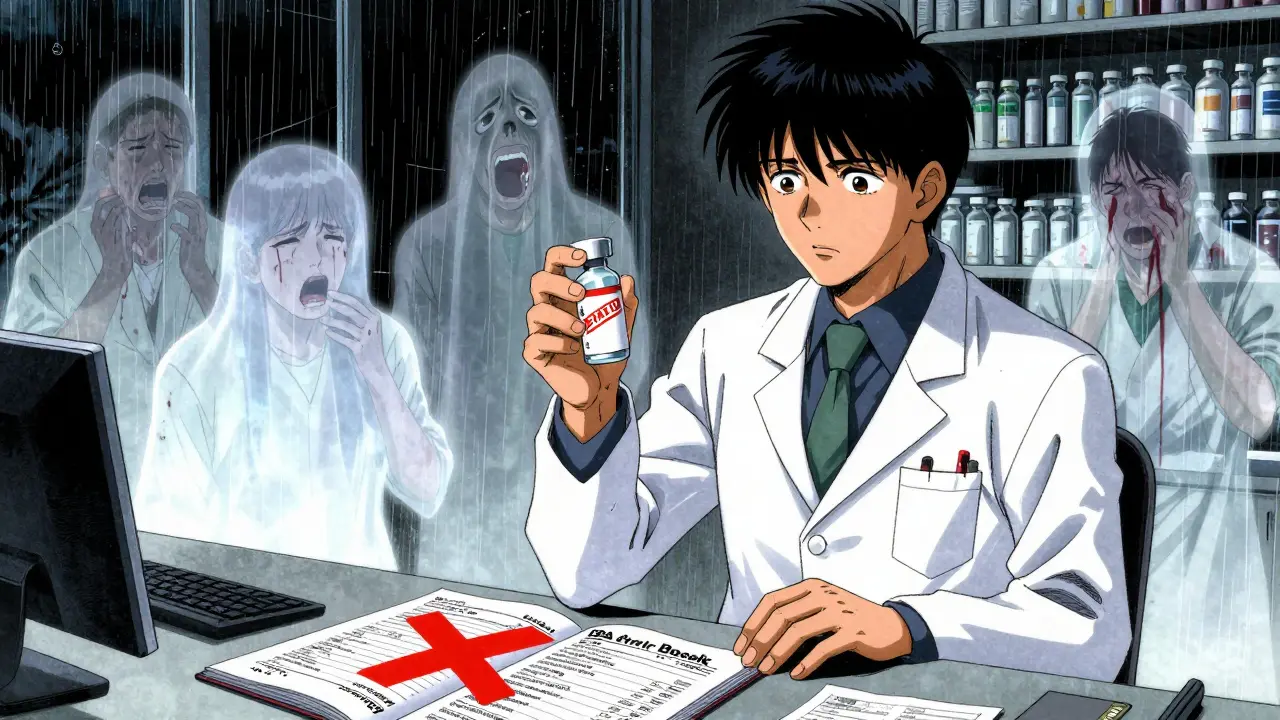 Pharmacist holding B-rated thyroid medication with ghostly patient warnings in background