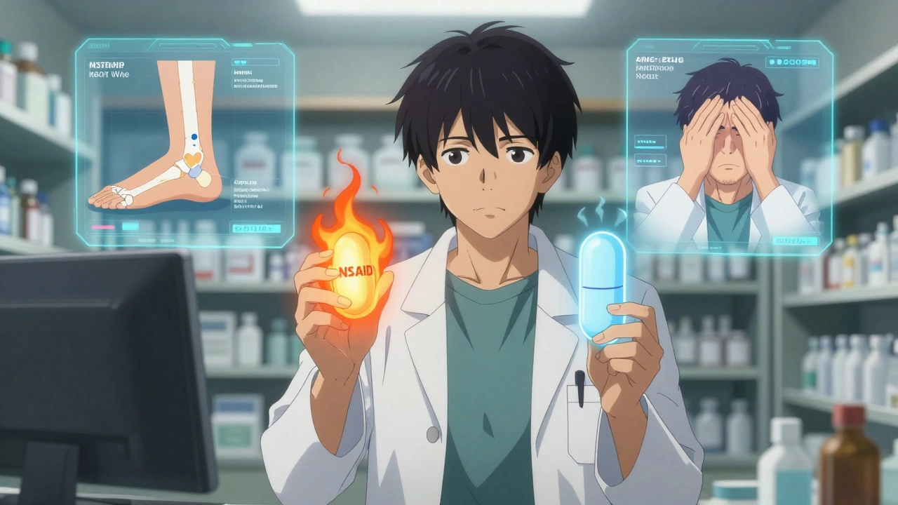Pharmacist holding NSAID and acetaminophen pills, with holograms of common pain conditions in background.