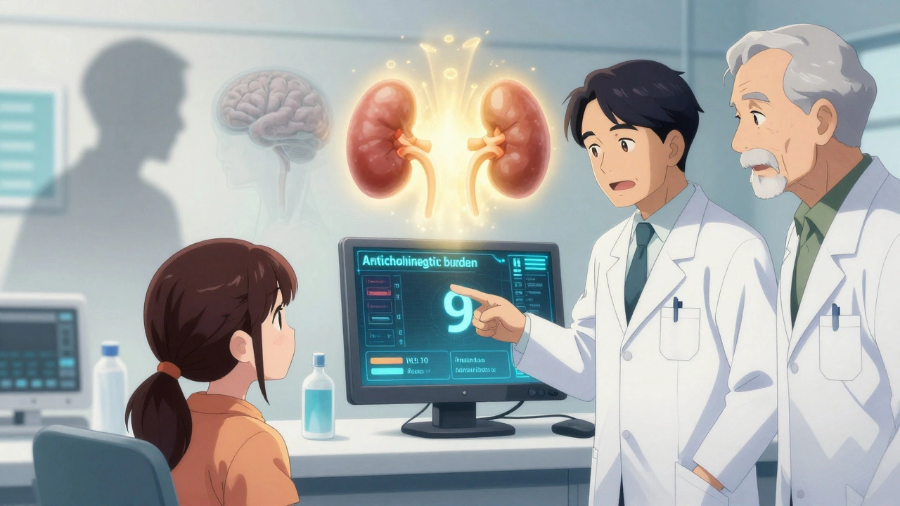 Pharmacist shows anticholinergic score to senior and family, safer drugs glowing in background.