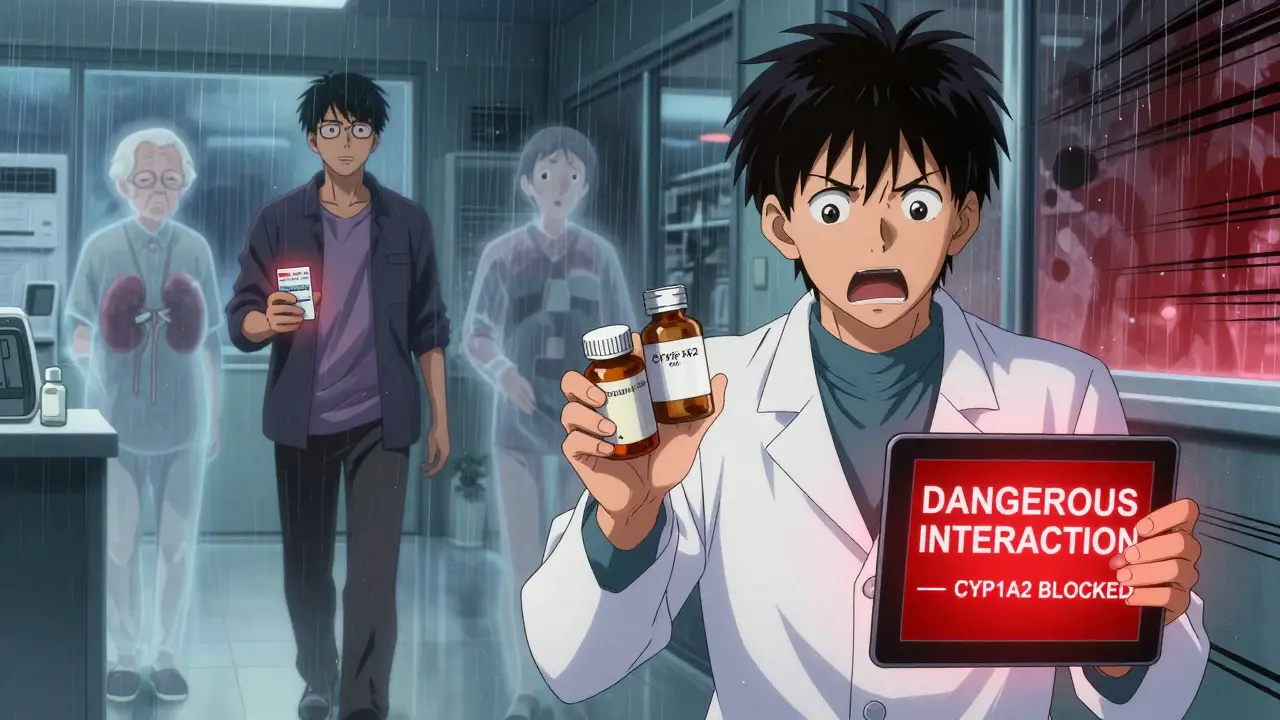 Pharmacist warning patient as red alert flashes on tablet, others fade in background.