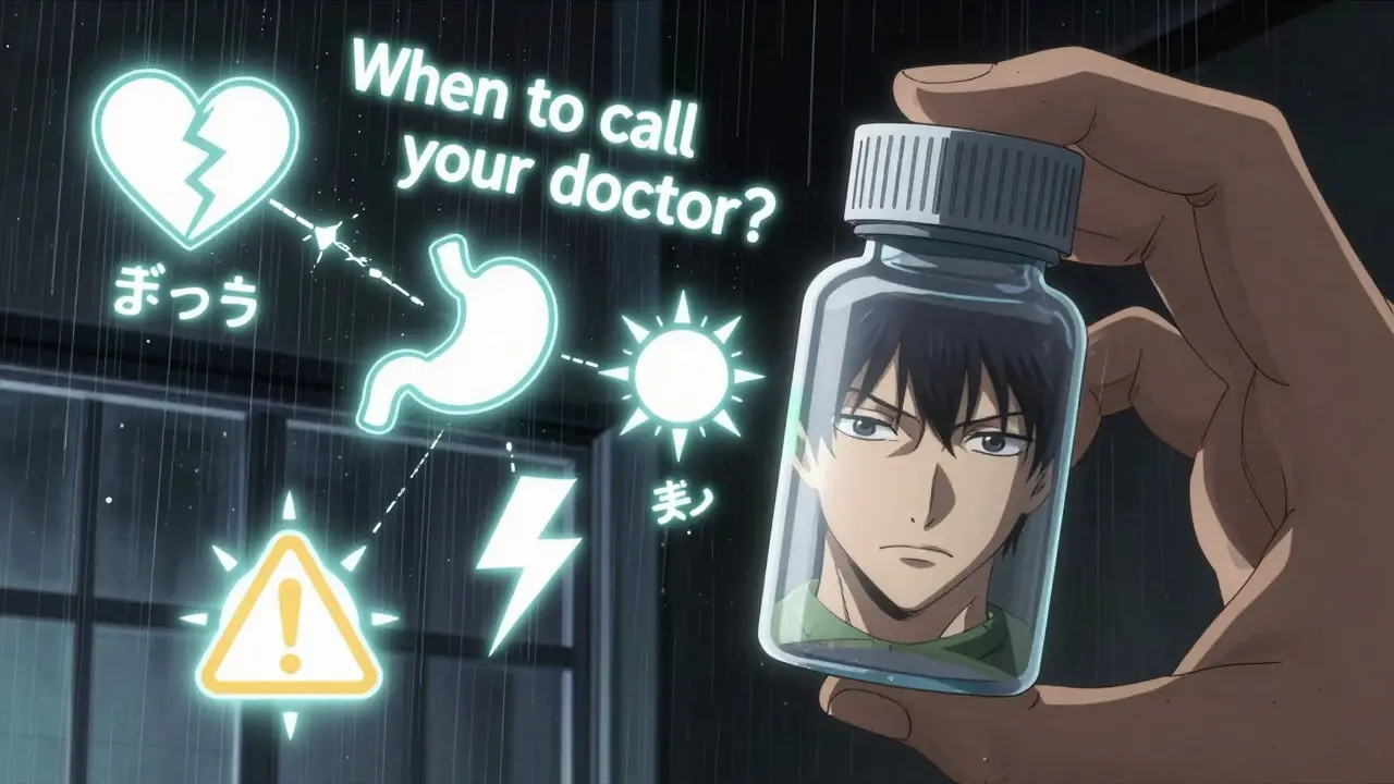 Pill bottle emitting glowing warning icons for side effects, reflecting anxious face.