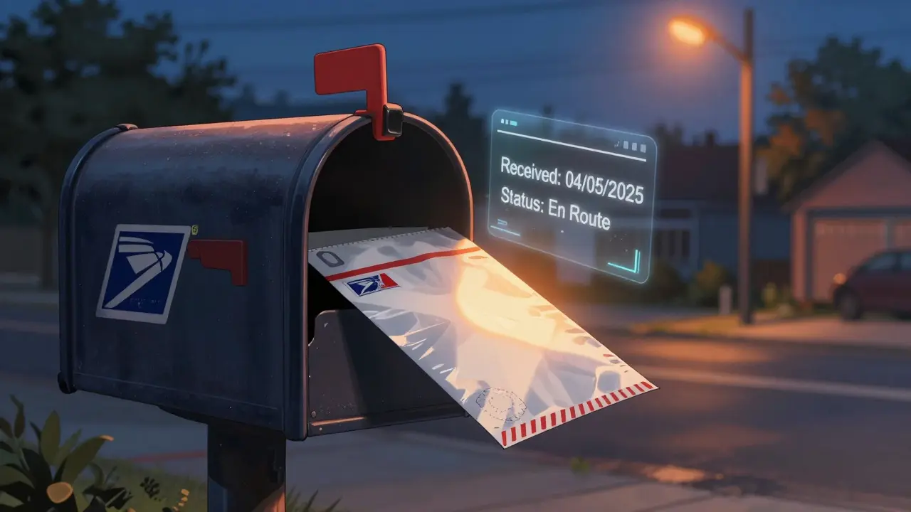 Prepaid medication envelope being dropped into a USPS mailbox at dusk.