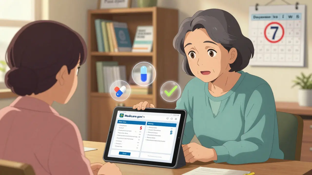 Senior consulting a SHIP counselor using Medicare Plan Finder tool on a tablet.