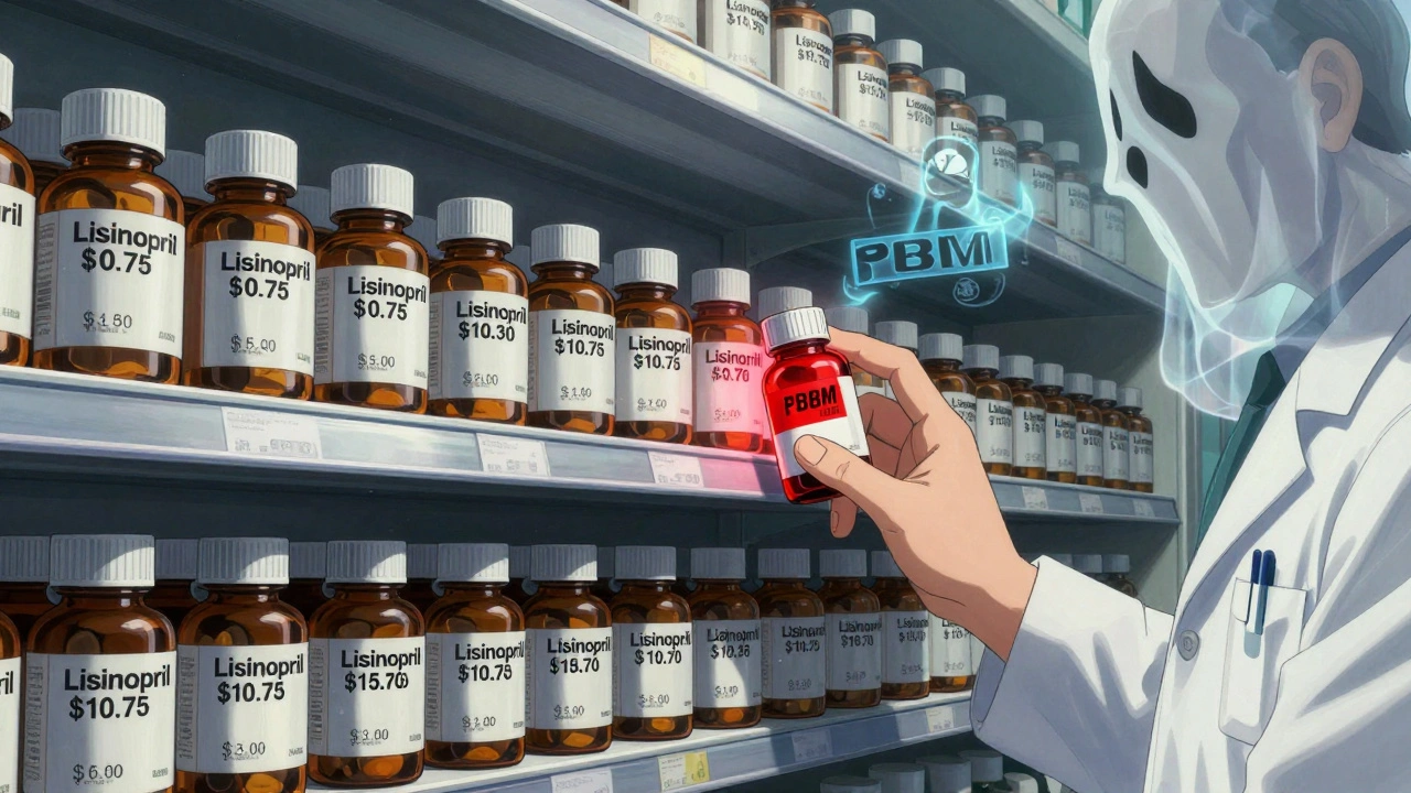 Shelf of identical generic pills with wildly different prices, pharmacist hesitating as PBM logo looms.