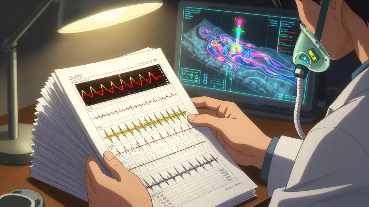 Sleep doctor analyzing detailed waveform printouts with holographic sleep data in background.