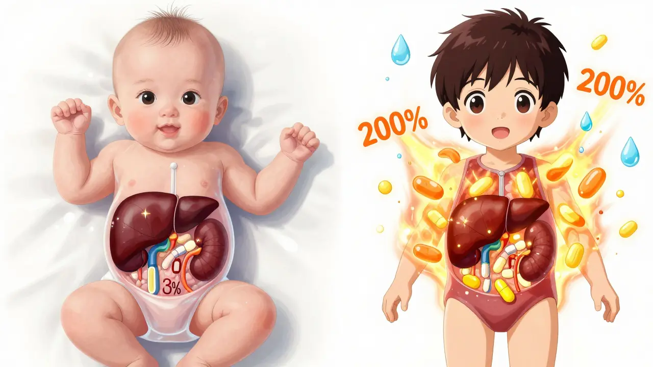Split image showing a baby and a toddler with internal organs displaying different drug metabolism levels under the same medication.