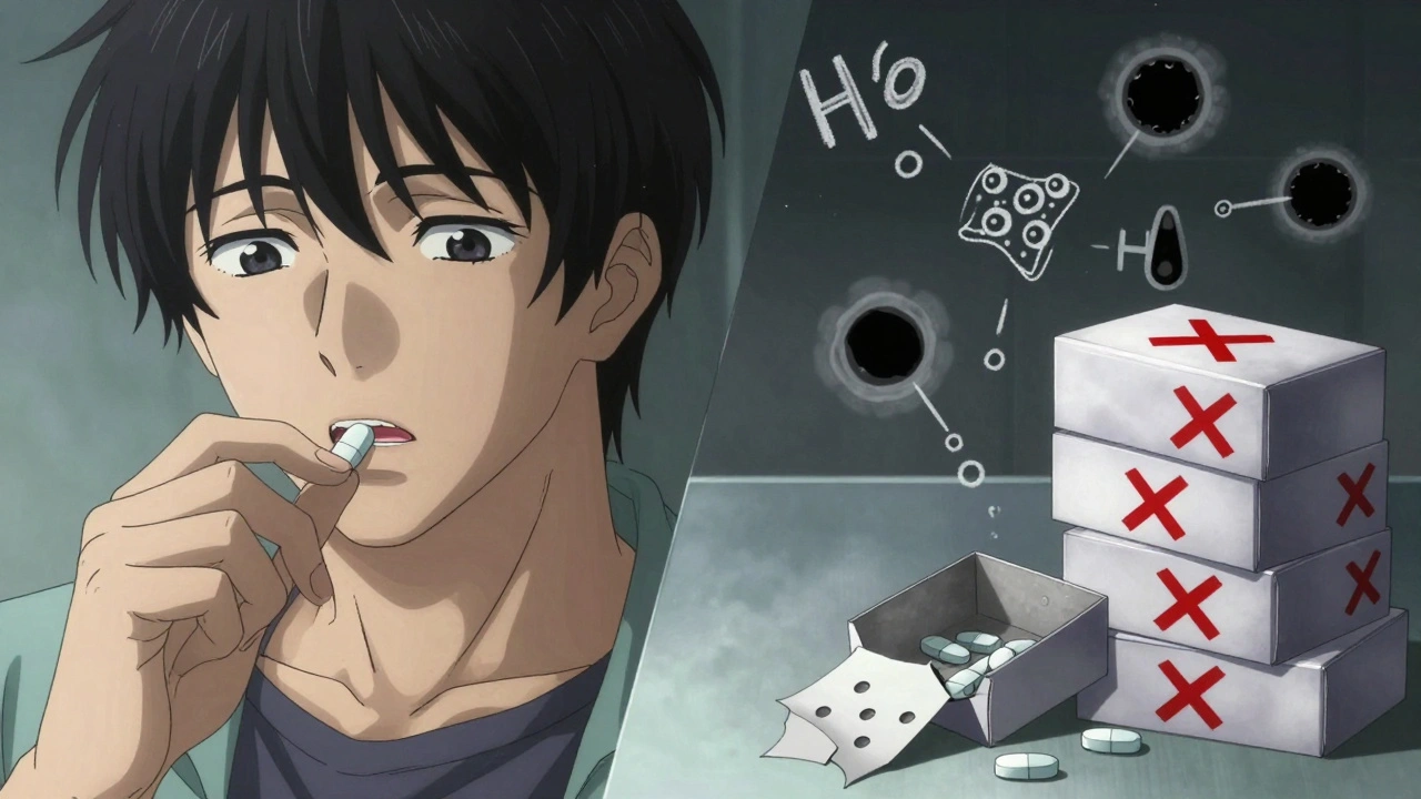 Split image showing safe pill intake vs. toxic contents inside counterfeit medication.