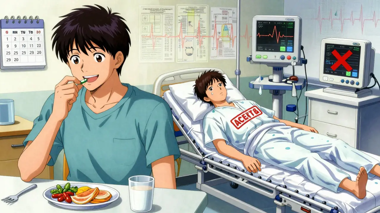 Split scene: healthy person taking pills vs. same person collapsed in hospital with banned drugs marked in red.