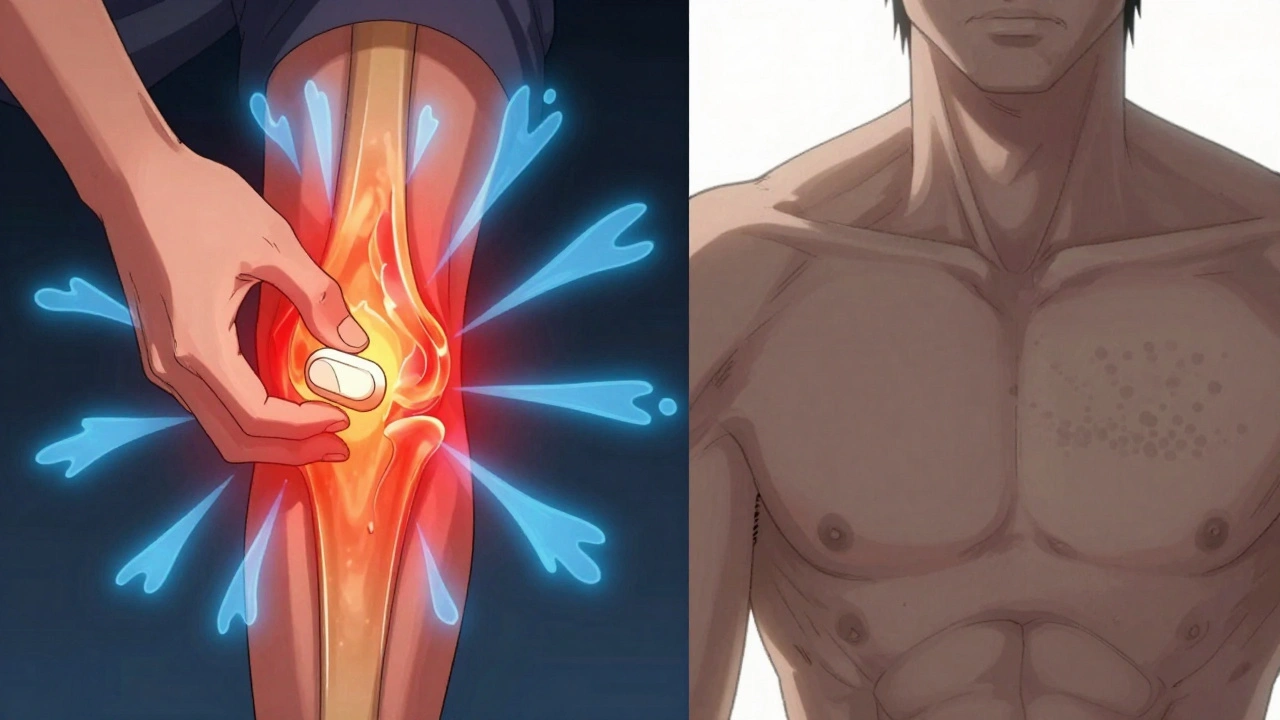 Split scene: ibuprofen reducing inflammation vs. acetaminophen only dimming pain signals without affecting swelling.