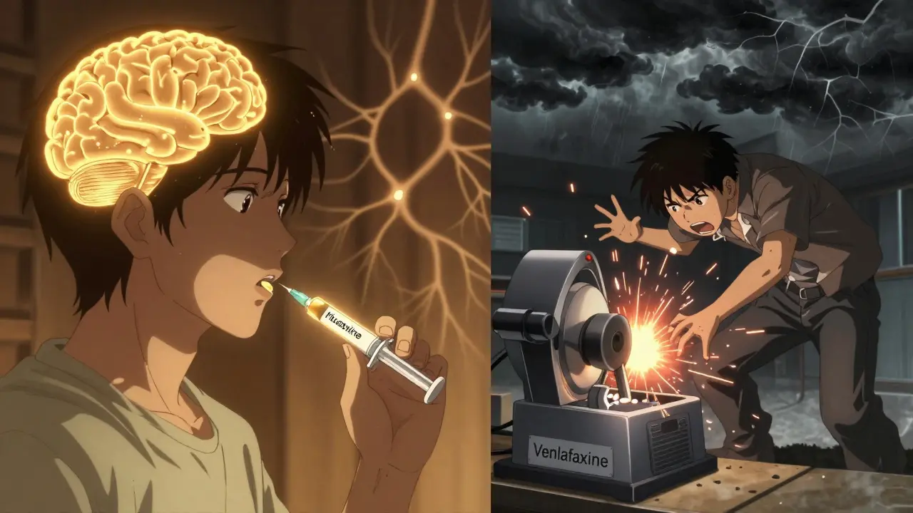Split scene: one side shows gentle fluoxetine liquid drop soothing the brain, other side shows venlafaxine machine breaking apart.