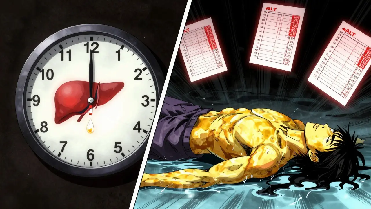 Split-screen showing time ticking down and NAC drip fighting liver damage with jaundice spreading across skin.