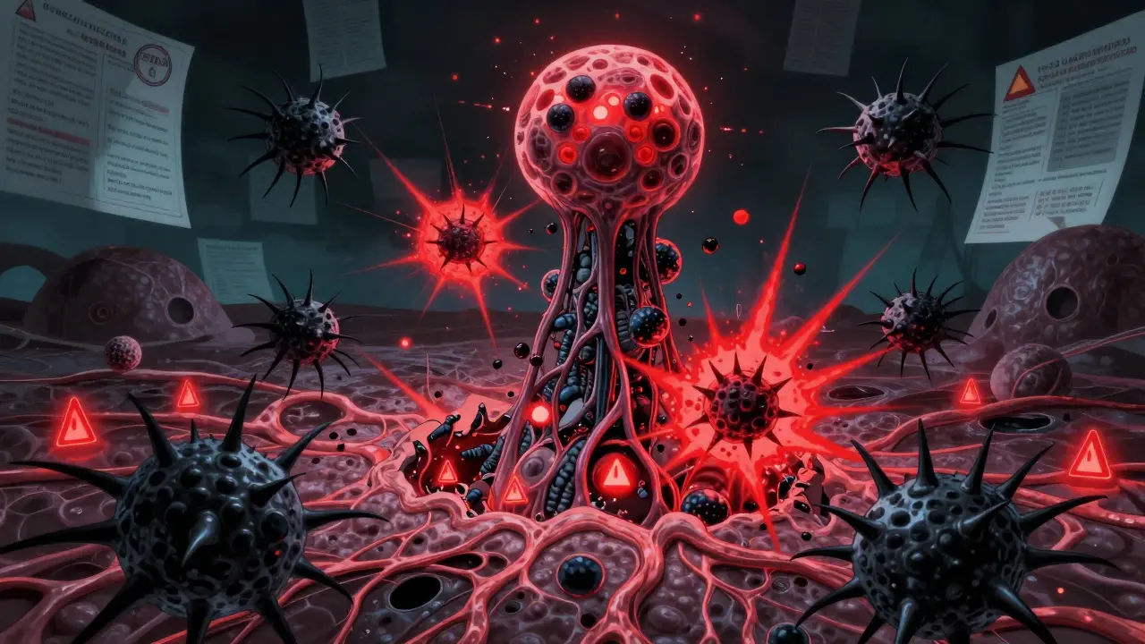 Surreal liver cell battle with enzyme tower under attack by dark drones and exploding molecules.