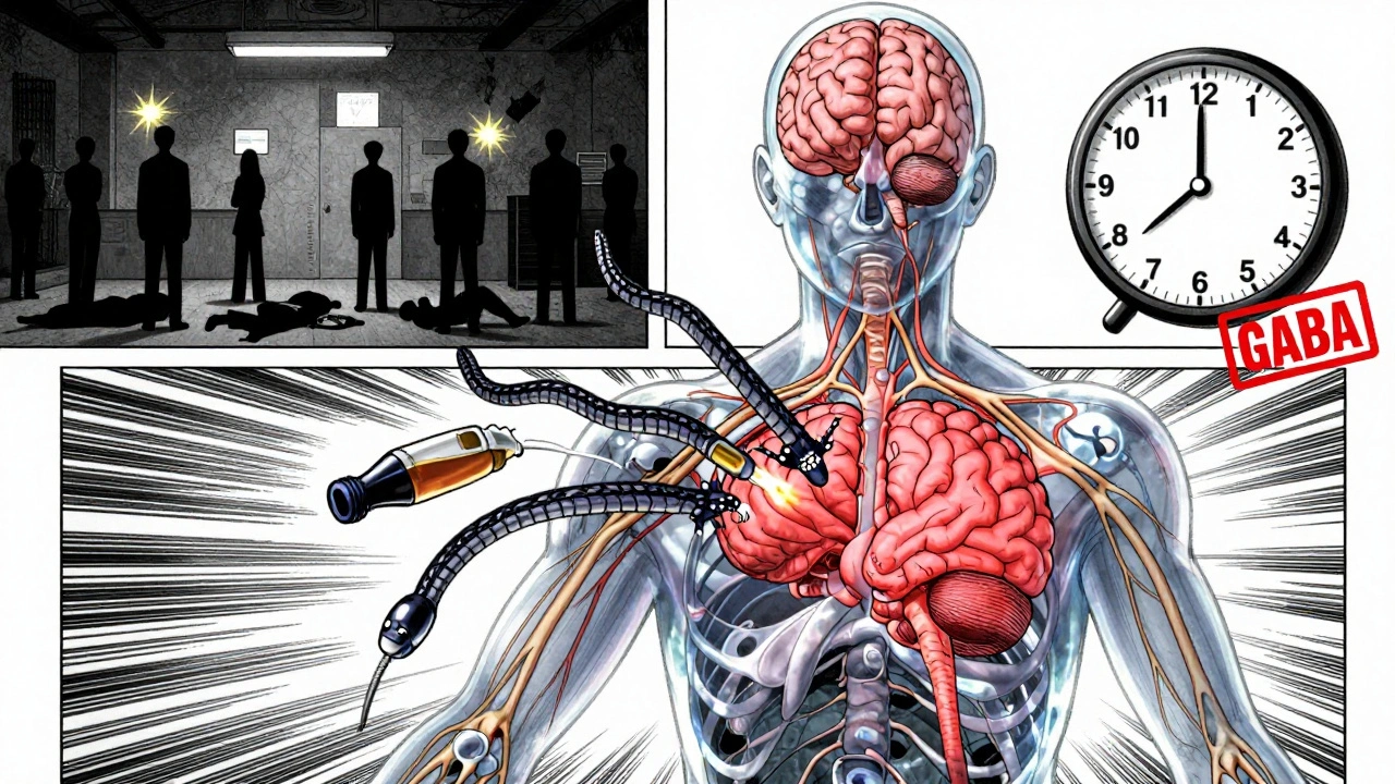 Transparent human torso showing brain overloaded with alcohol and GABA molecules, medical warning clock in background.