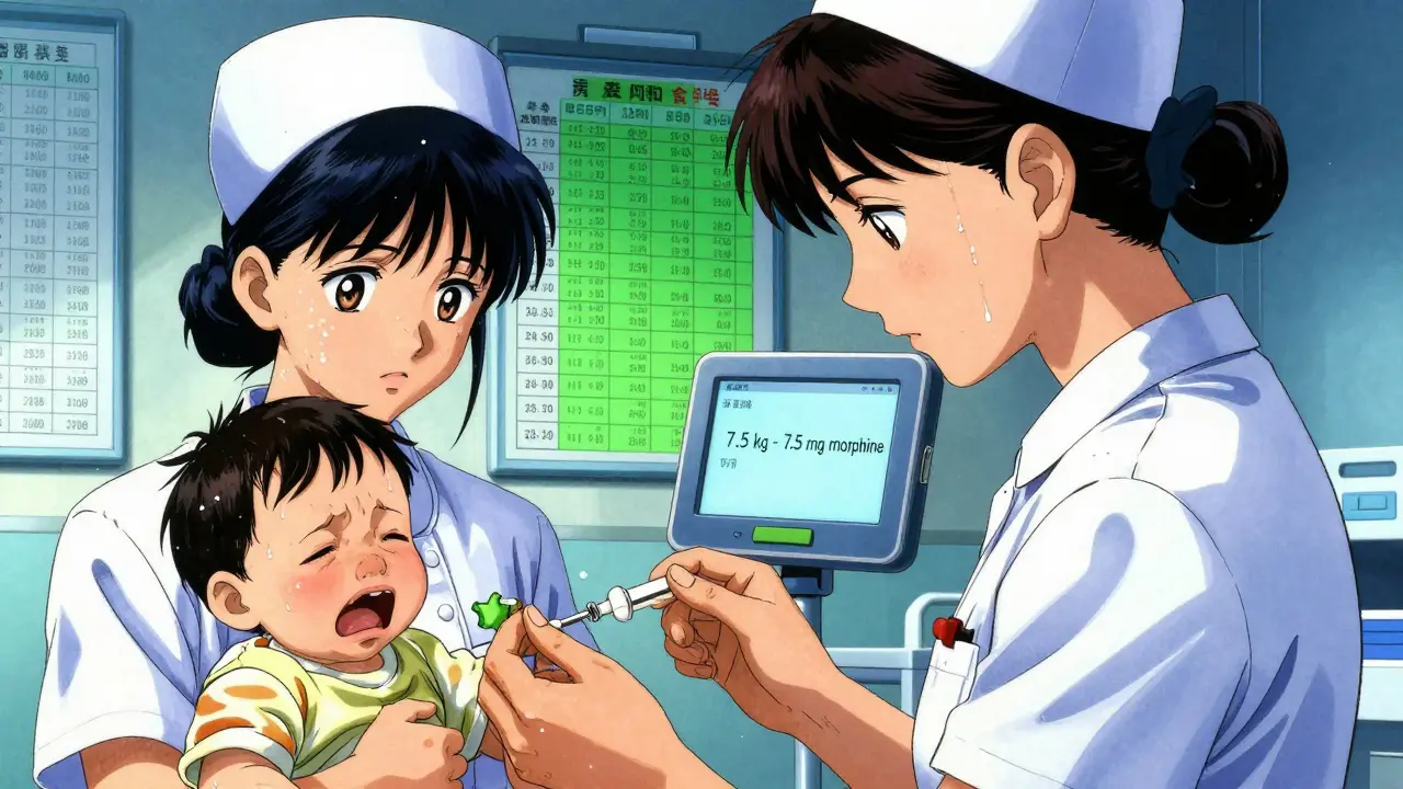 Two nurses double-checking a morphine dose for a child using a digital scale and electronic chart.