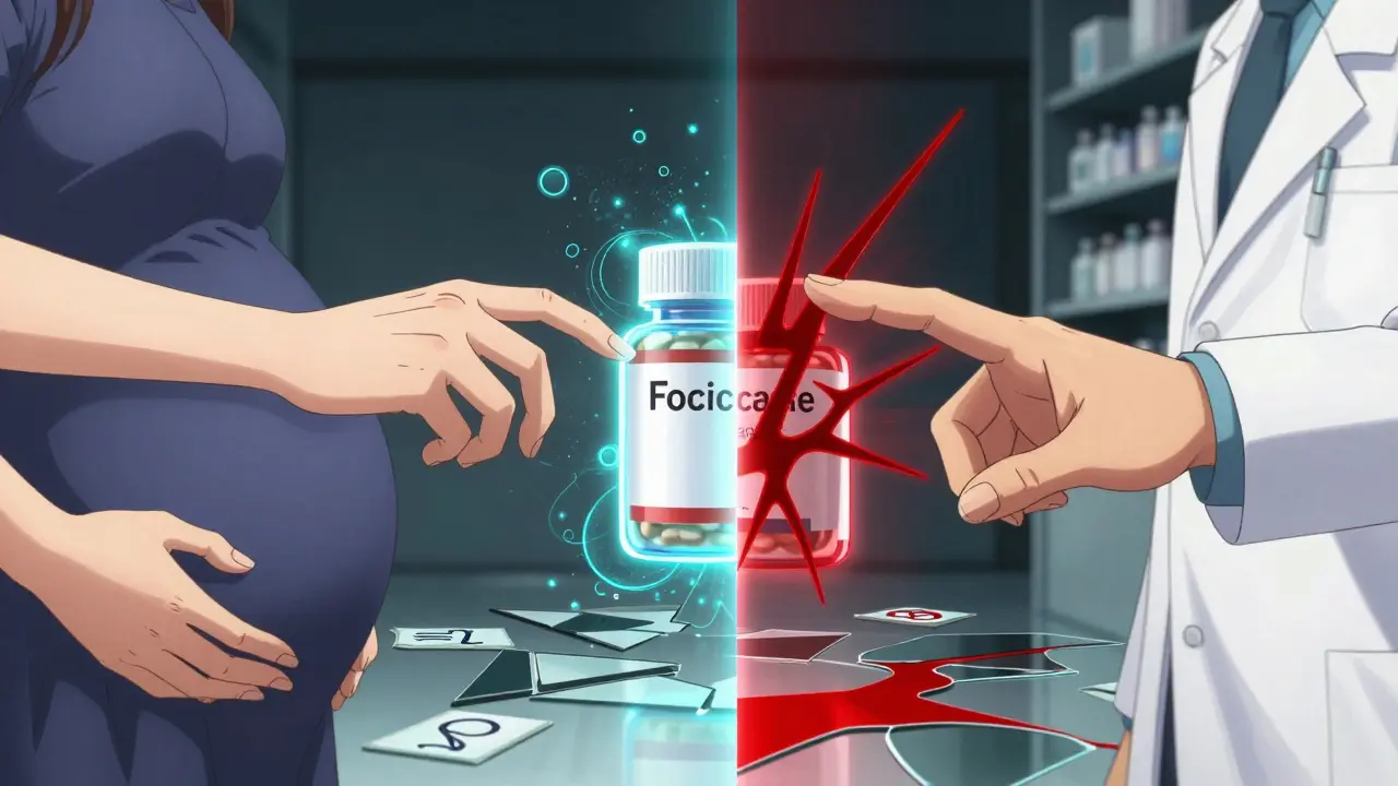 Woman and pharmacist reaching for prenatal bottle with conflicting metabolic pathways.