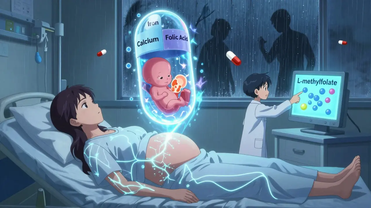 Woman on hospital bed with glowing fetal neural pathways and hovering prenatal vitamin.
