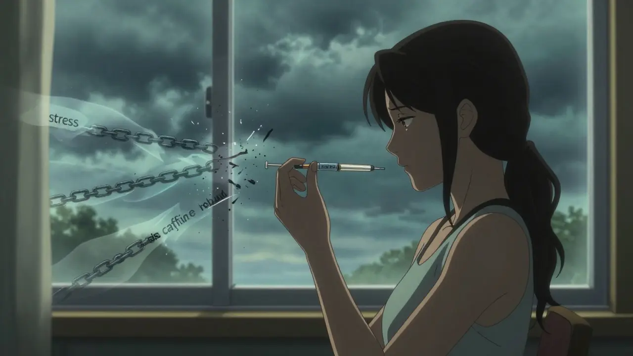 Woman taking a CGRP injection at dawn as migraine chains shatter into dust behind her.