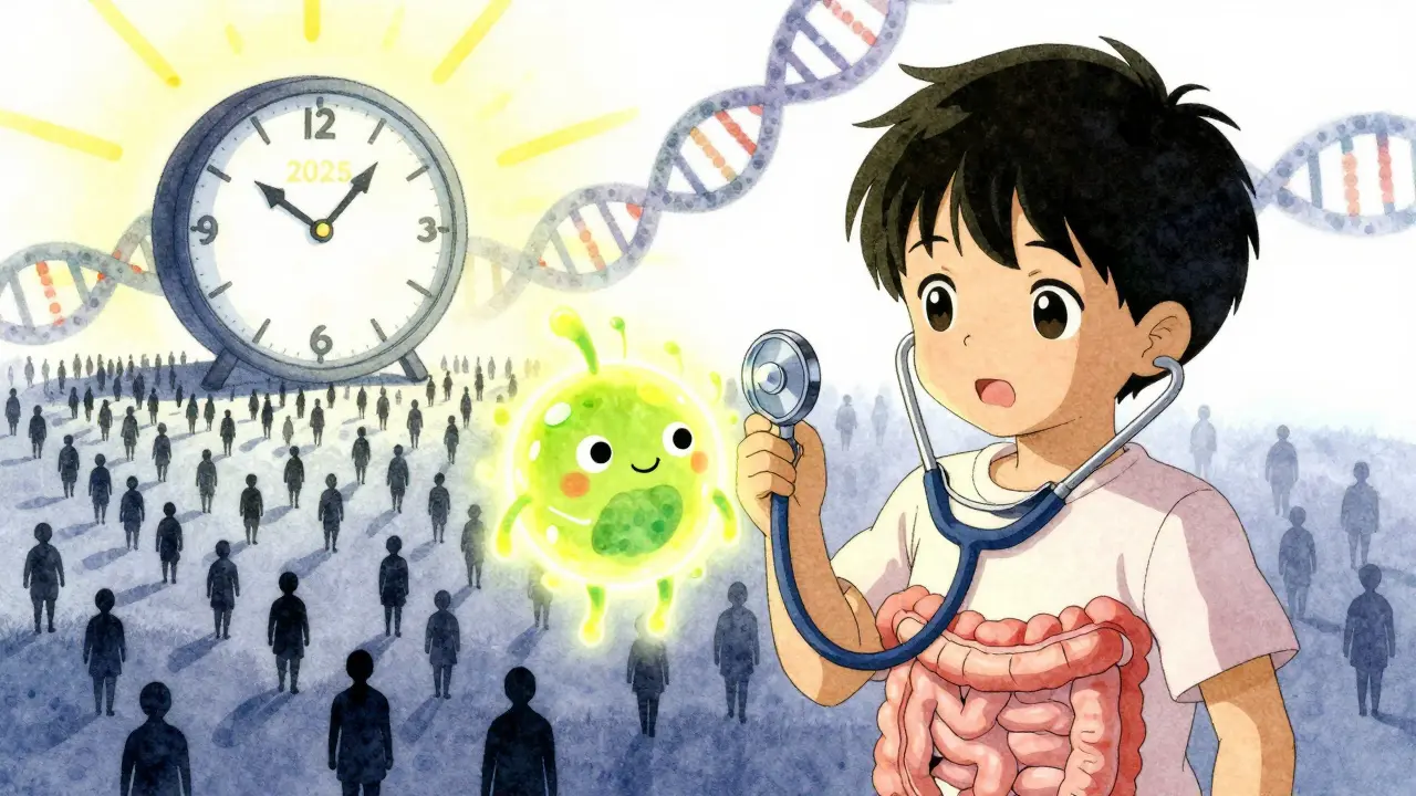 A child with a probiotic guardian protects their gut from C. diff shadows, as 10,000 silhouettes rise in the distance.