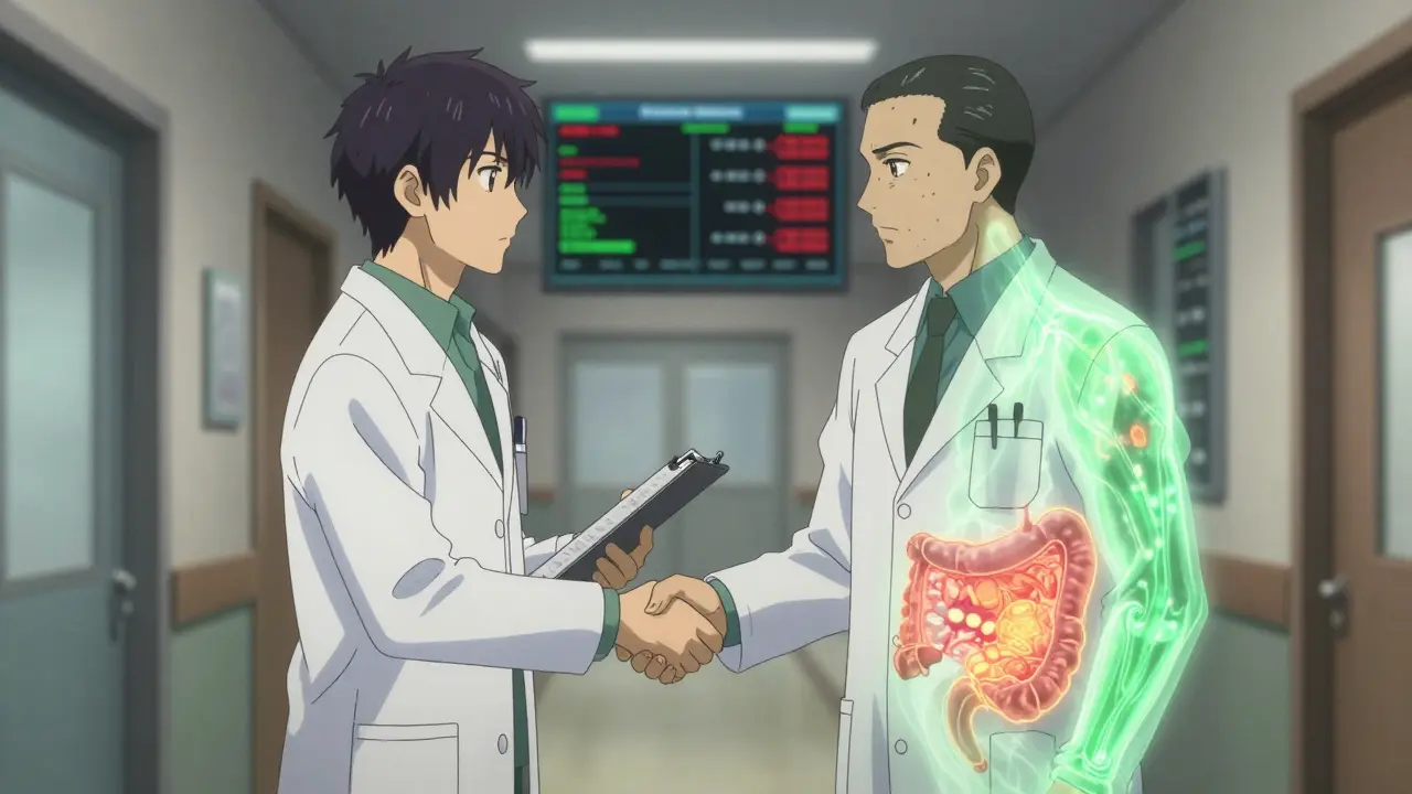 A doctor and pharmacist discuss antibiotic use, with a visual overlay showing gut flora fading under treatment pressure.