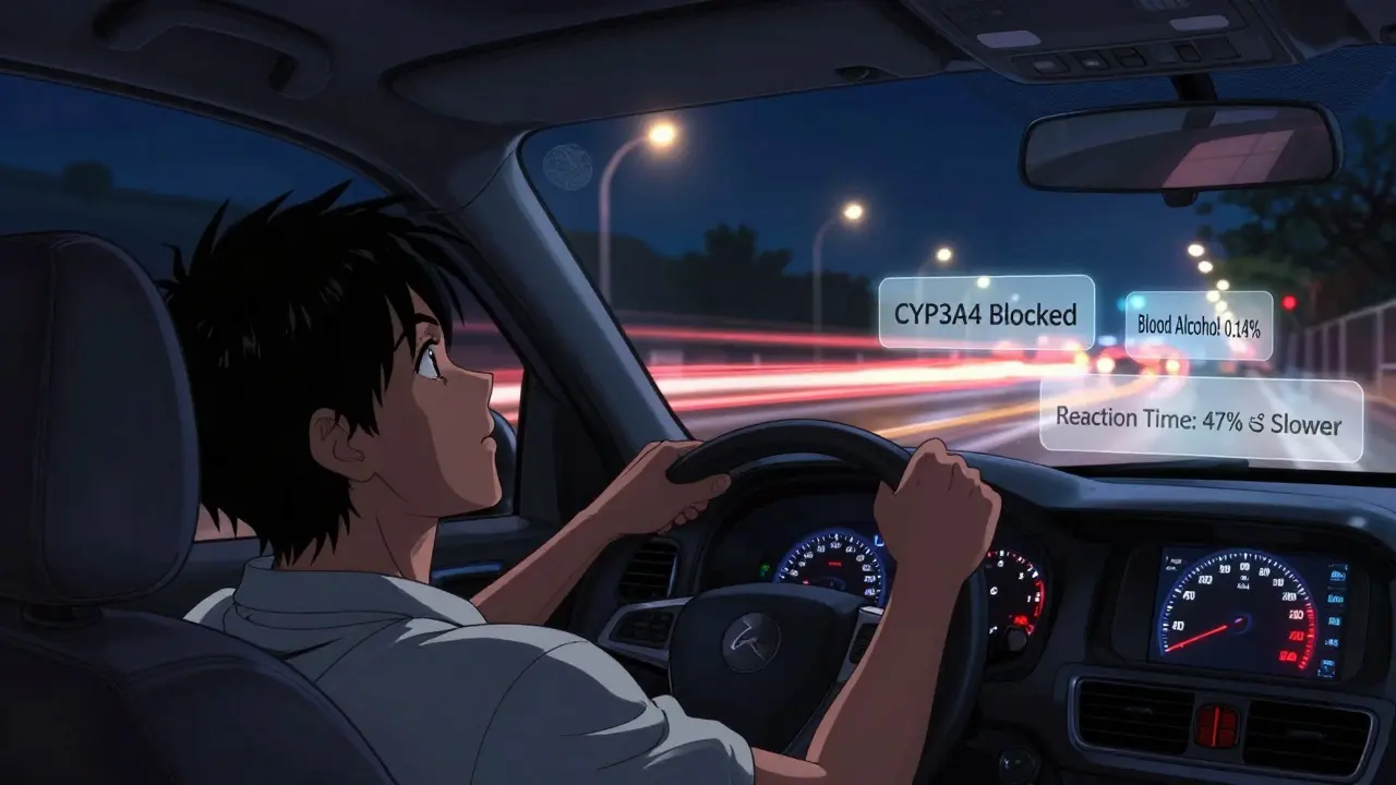 A driver unconscious at the wheel, speedometer at 65 mph, with floating chemical warnings in a night-time car interior.