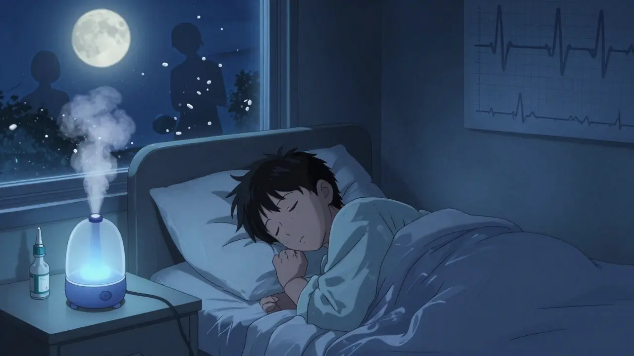 A heart disease patient sleeps safely with a humidifier and saline spray nearby, while decongestant pills dissolve in the night.