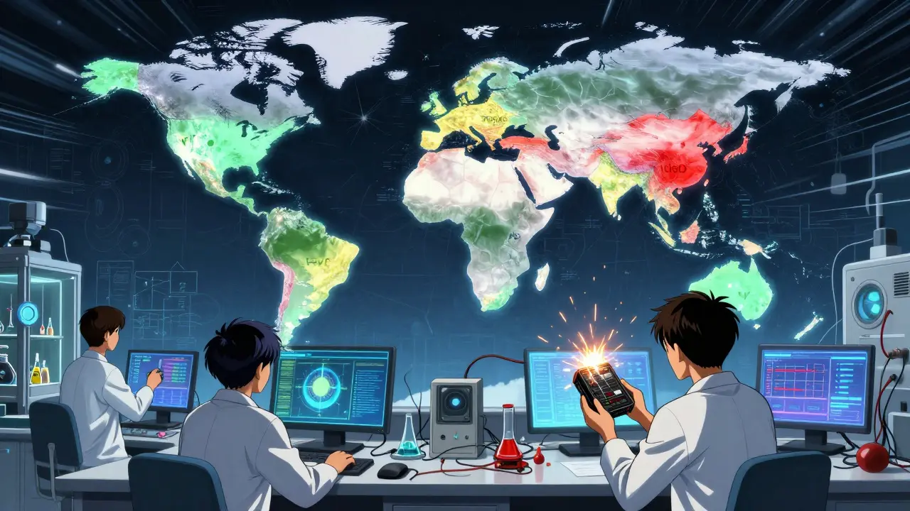 A holographic global map showing stability testing zones above a lab bench with data loggers failing.