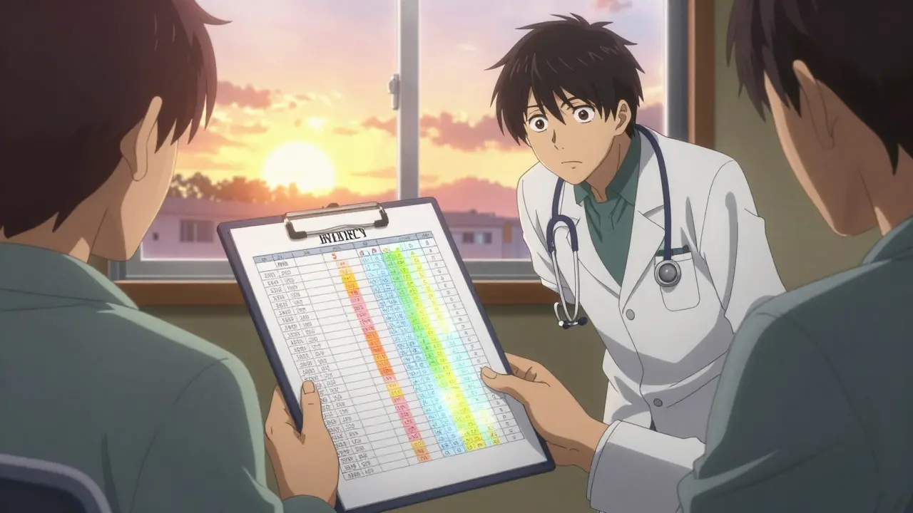 A patient shares a detailed symptom spreadsheet with their doctor during a consultation.