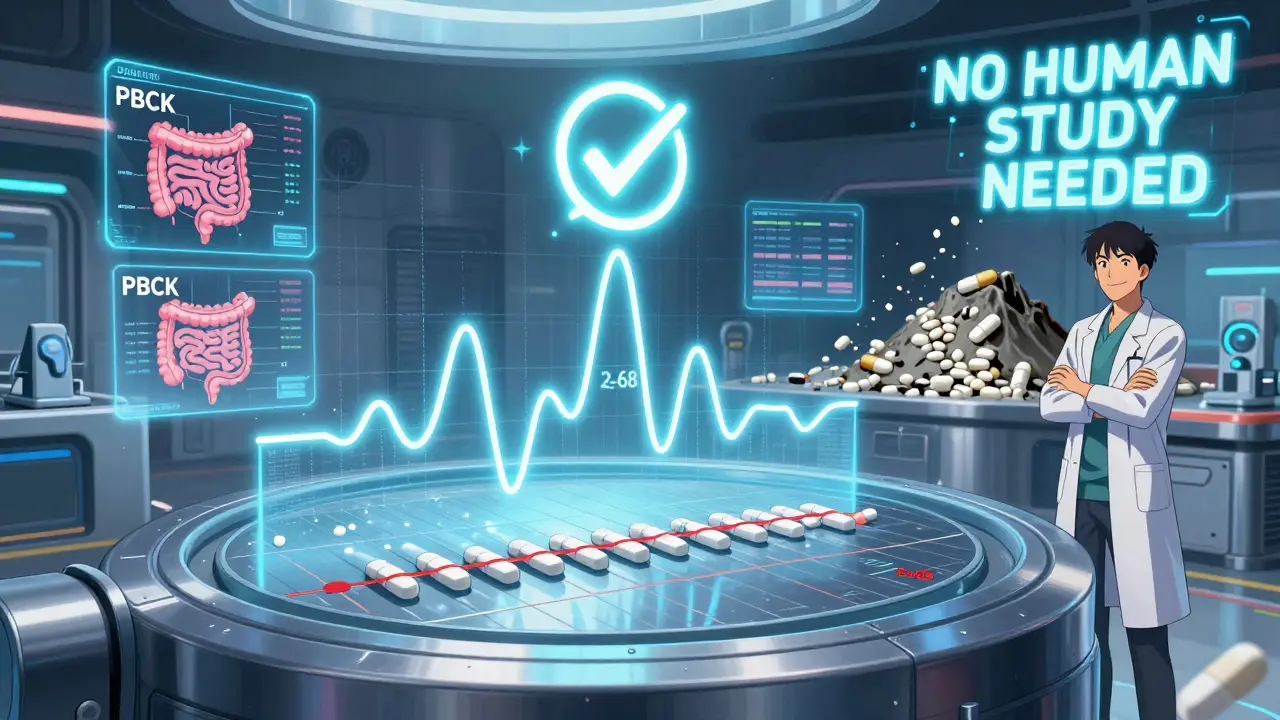 A perfect dissolving tablet forming a successful f2 profile, surrounded by PBPK models and an approval seal.