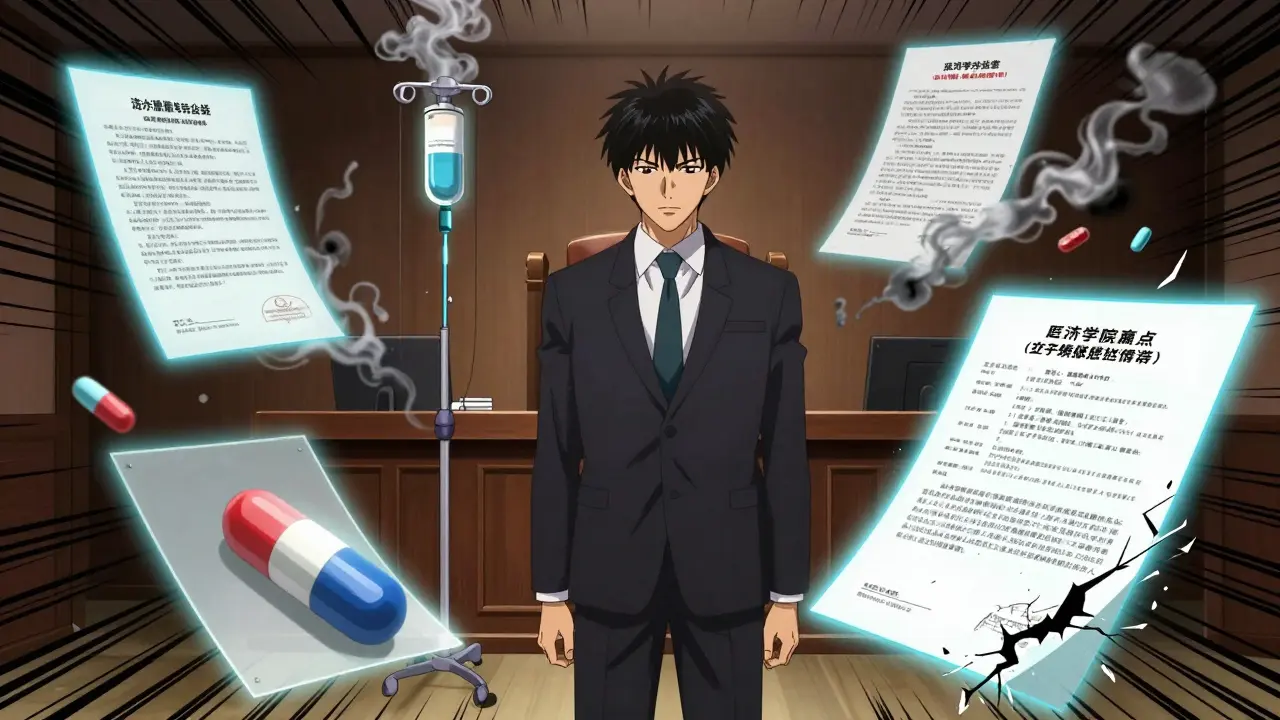 A pharmaceutical distributor faces legal consequences as holograms of fake pills and crumbling insurance documents surround them.