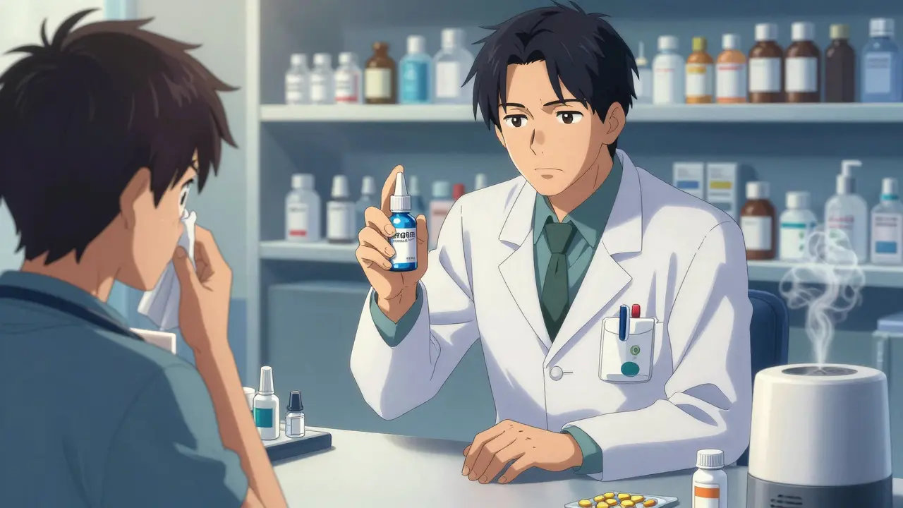 A pharmacist offers a saline spray to a patient, with decongestants hidden in shadow behind the counter.
