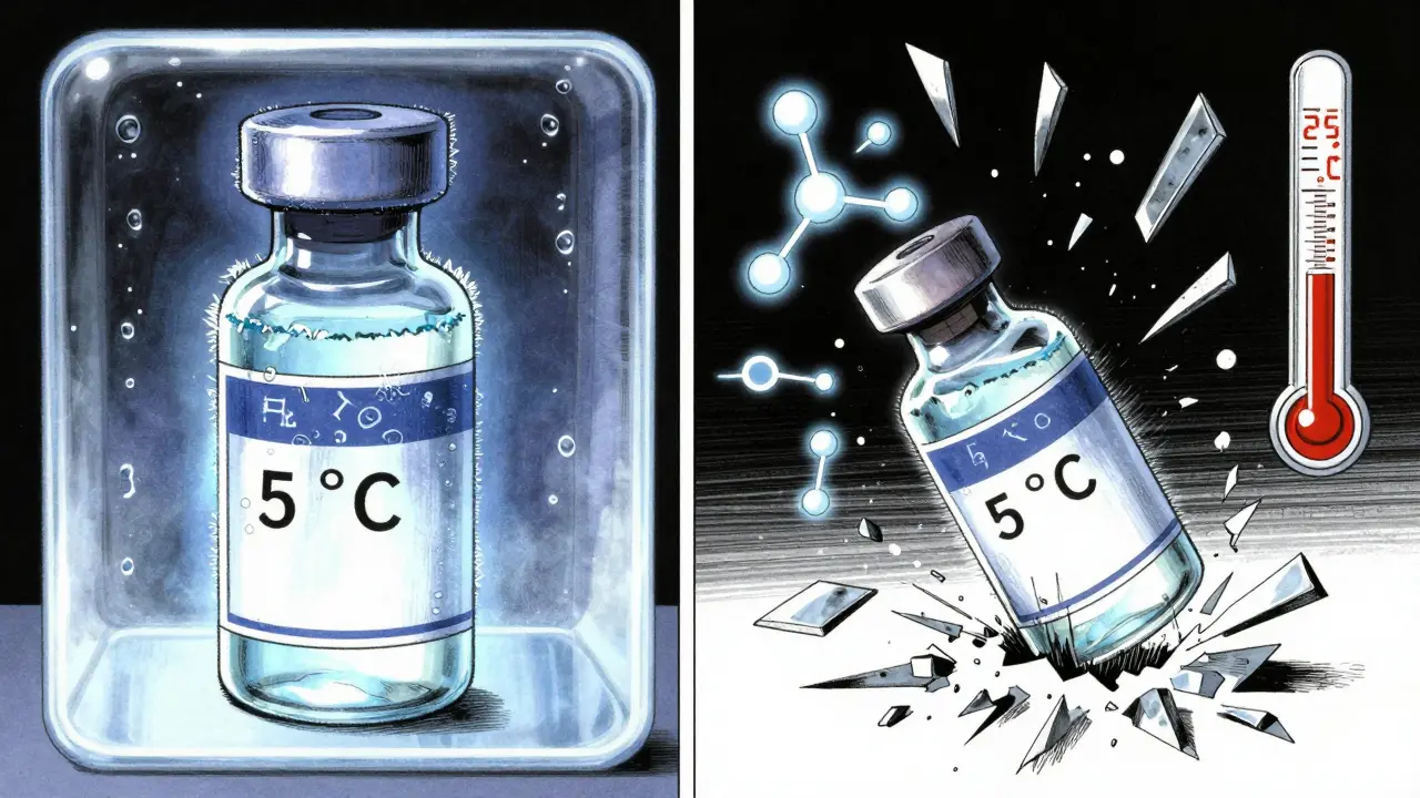 A refrigerated insulin vial glowing in cold light, shattering mid-air as molecules unravel.
