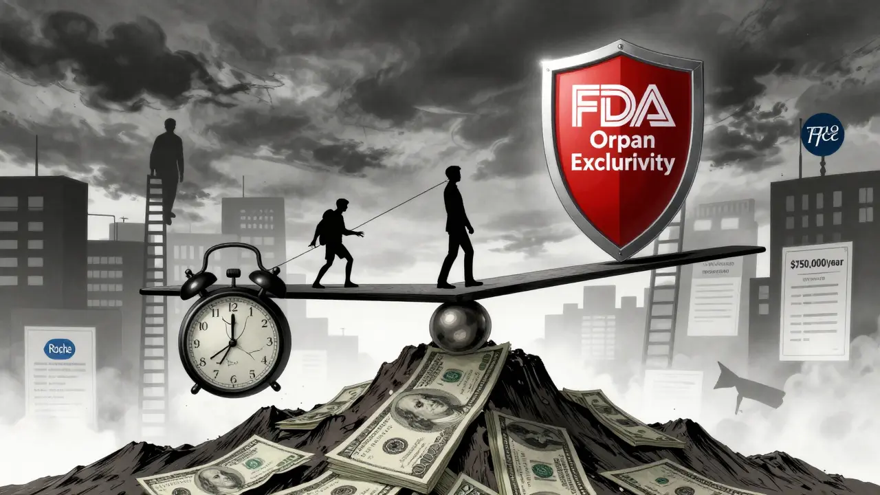 A scale balancing a patient against a mountain of drug costs, held up by a seven-year FDA exclusivity shield.