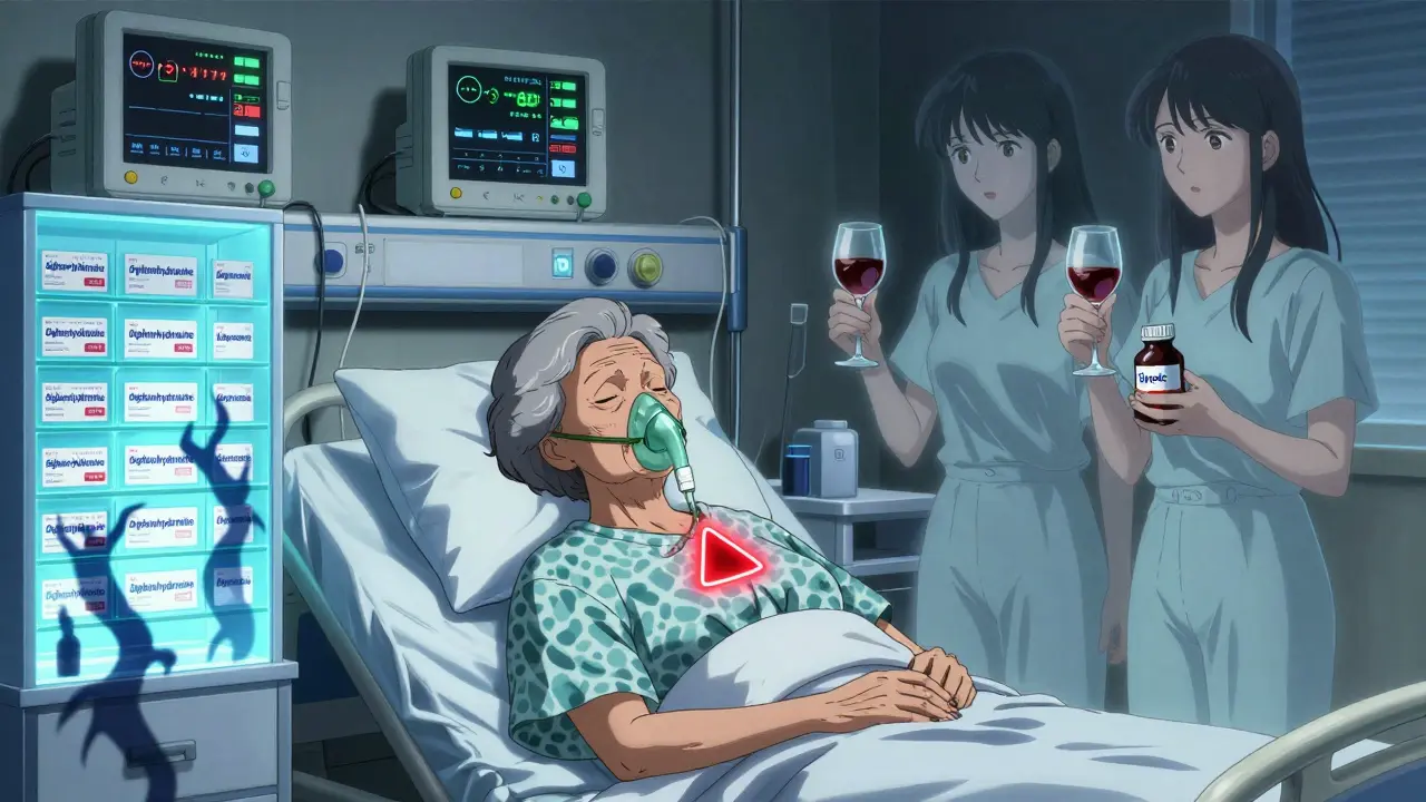 An elderly woman in hospital bed with medical monitors, surrounded by ghostly images of medication and alcohol.