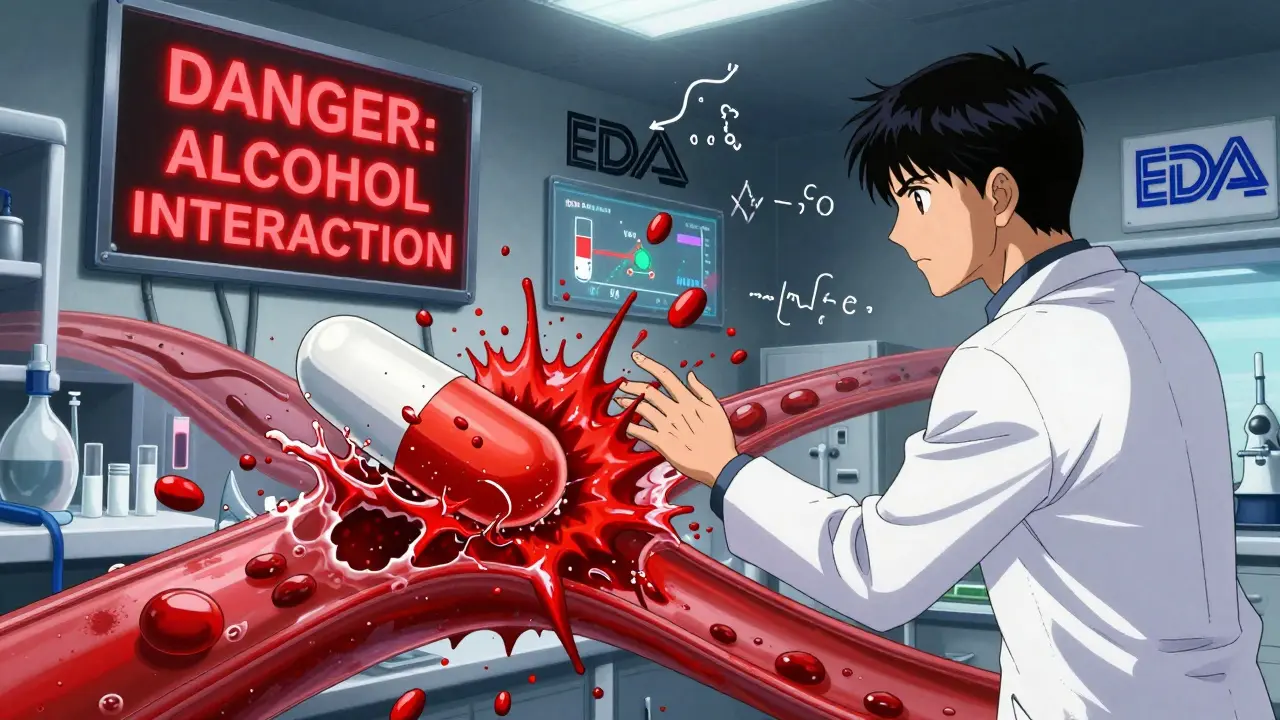 An extended-release tablet exploding due to alcohol interaction, with warning symbols and dissolution graphs.