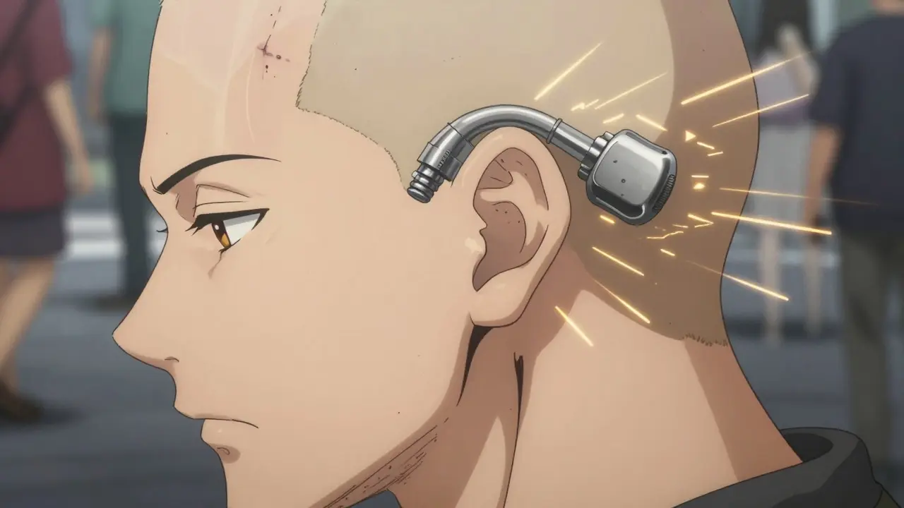 Close-up of a bone-anchored implant with golden bone vibrations traveling through the skull to the inner ear.