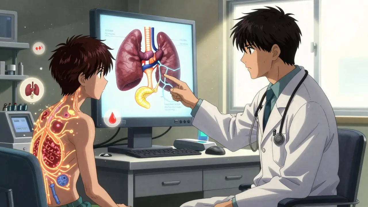 Doctor and patient in clinic with glowing diagram showing thyroid-pancreas metabolic connection.