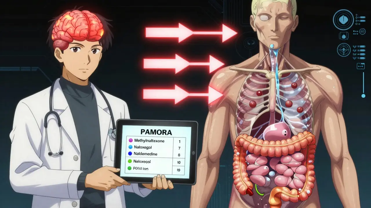 Doctor holding tablet comparing PAMORA drugs, patient's body split showing brain pain relief and gut function restored.