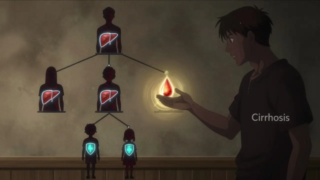 Family tree with genetic mutation links, protected liver silhouettes glowing, shadow of cirrhosis looming over untreated ancestor.